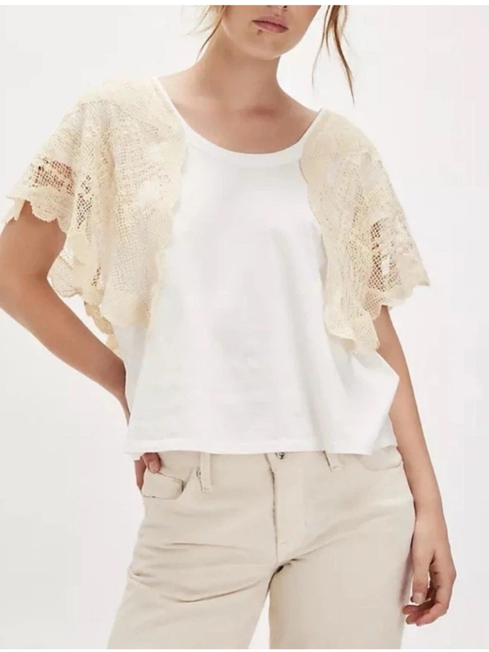 Free People Evangeline Crochet Ivory T-Shirt Top NWT Size Large